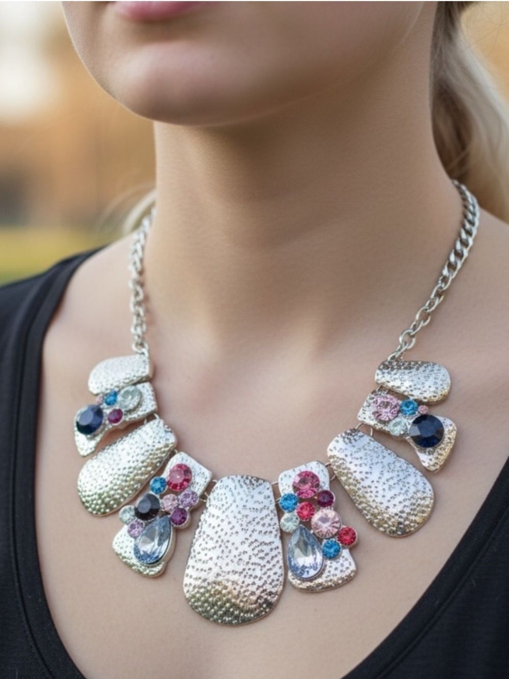 Silver Statement Necklace with Multicolor Gem Accents